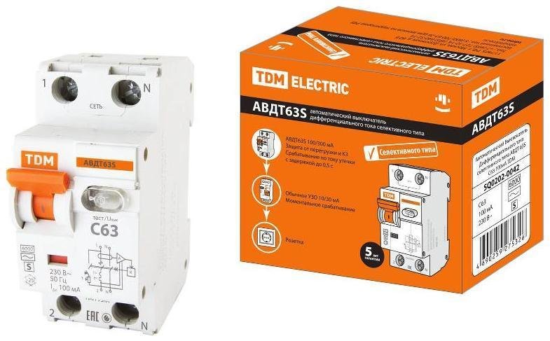 TDM electric SQ0202-0042 Выключатель автоматический дифференциального тока АВДТ 63S 1п+N 63А C 100мА тип AC