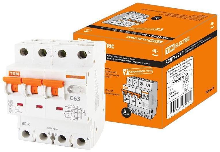 TDM electric SQ0202-0051 Выключатель автоматический дифференциального тока АВДТ 63S 3п+N 63А C 300мА тип AC