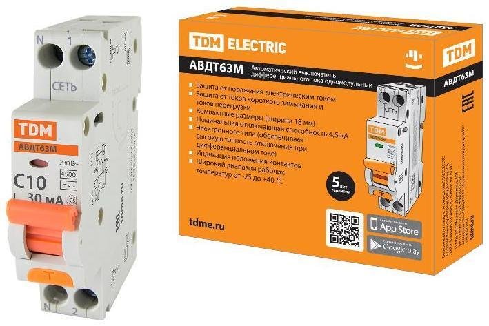 TDM electric SQ0202-0059 Выключатель автоматический дифференциального тока АВТД 63М 1+N 10А C 30мА AC (1 мод)