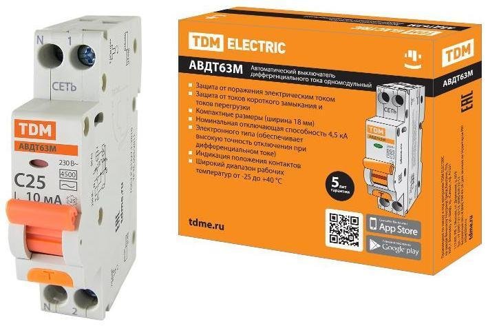 TDM electric SQ0202-0061 Выключатель автоматический дифференциального тока АВТД 63М 1+N 25А C 10мА AC (1 мод)