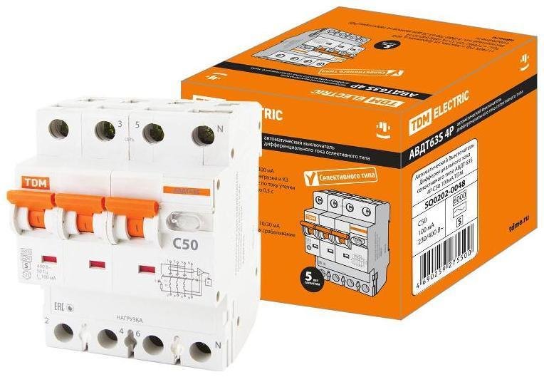 TDM electric SQ0202-0048 Выключатель автоматический дифференциального тока АВДТ 63S 3п+N 50А C 100мА тип AC
