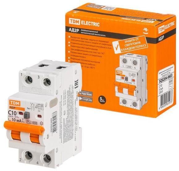 TDM electric SQ0204-0603 Выключатель автоматический диффренциального тока АД2P 2Р С10 10мА 6кА тип АС