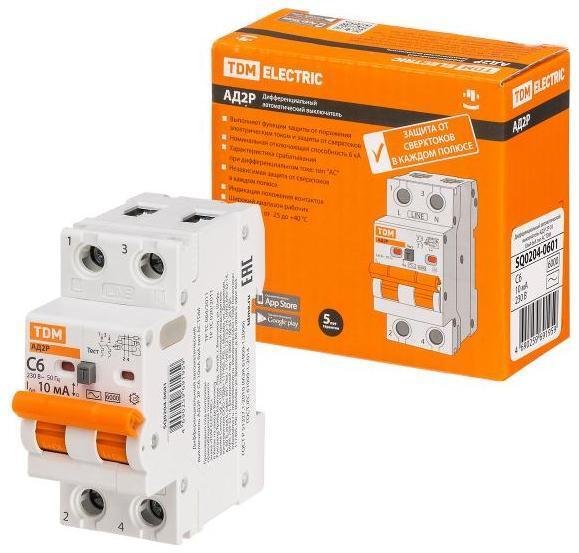 TDM electric SQ0204-0601 Выключатель автоматический диффренциального тока АД2P 2Р С6 10мА 6кА тип АС