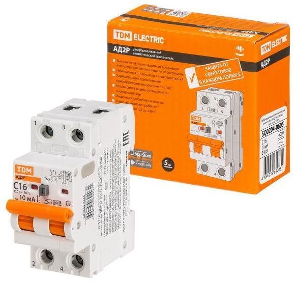 TDM electric SQ0204-0605 Выключатель автоматический диффренциального тока АД2P 2Р С16 10мА 6кА тип АС