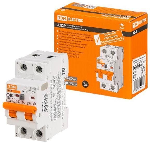 TDM electric SQ0204-0617 Выключатель автоматический диффренциального тока АД2P 2Р С40 30мА 6кА тип АС