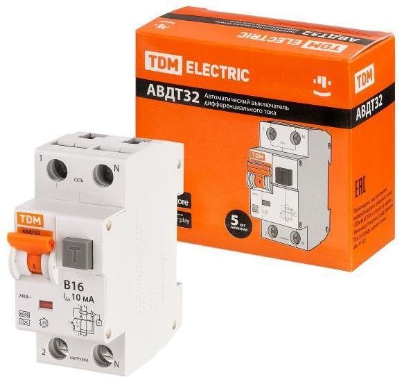 TDM electric SQ0202-0200 Выключатель автоматический дифференциального тока АВДТ 32 1п+N 16А В 10мА тип A
