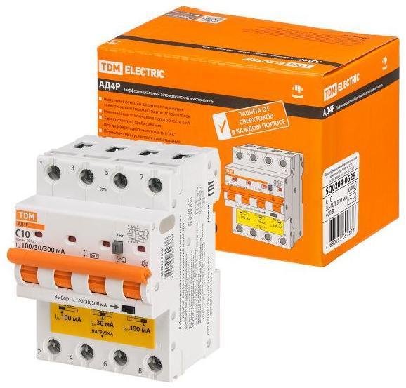 TDM electric SQ0204-0628 Выключатель автоматический диффренциального тока АД4P 4Р С10 30-100-300мА 6кА тип АС