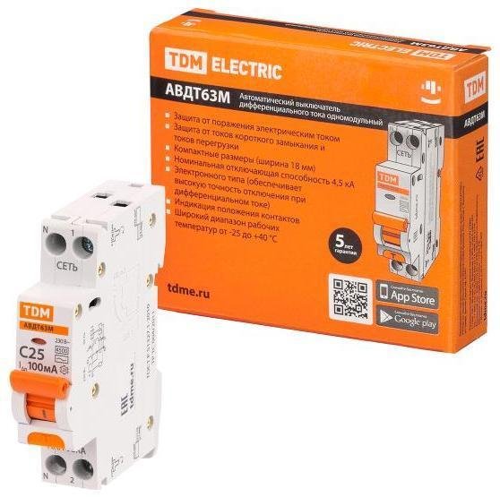 TDM electric SQ0202-0067 Выключатель автоматический дифференциального тока АВДТ 63М 2P(1P+N) C25 100мА 4,5кА тип АС