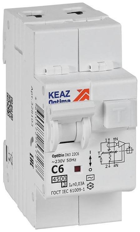 КЭАЗ 328103 Выключатель автоматический дифференциального тока OptiDin D63-22C6-AC-У3 (2P, C6, 30mA, 4,5кА)