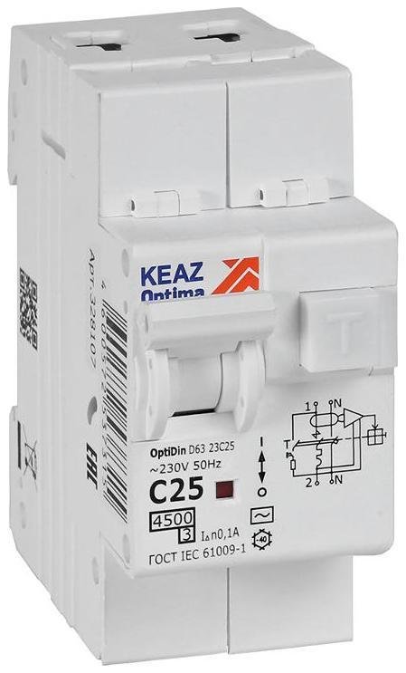 КЭАЗ 328107 Выключатель автоматический дифференциального тока OptiDin D63-23C25-AC-У3 (2P, C25, 100mA, 4,5кА)