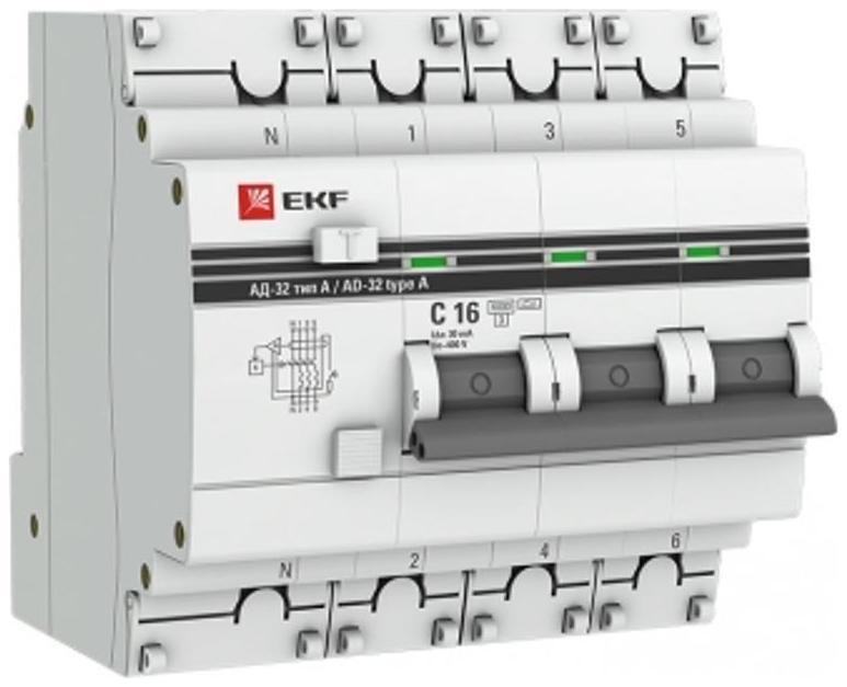 EKF DA32-6-16-30-4P-a-pro Выключатель автоматический дифференциальный АД-32 3P+N 16А/30мА (характеристика C, A, электронный, защита 270В) 6кА PROxima