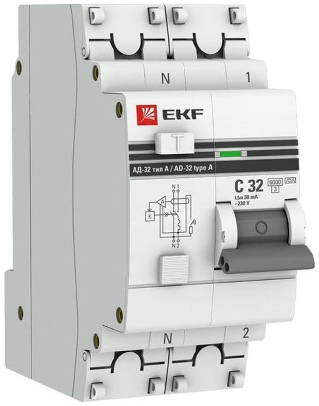 EKF DA32-6-32-30-a-pro Выключатель автоматический дифференциальный АД-32 1P+N 32А/30мА (характеристика C, A, электронный, защита 270В) 6кА PROxima [в упаковке 60, цена за 1 шт]
