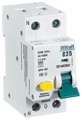 DEKraft 16231DEK Автоматический выключатель дифференциального тока АВДТ 1Р+N 25А 30мА тип A х-ка С ДИФ-103 6кА