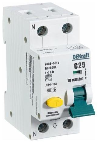 DEKraft 16226DEK Автоматический выключатель дифференциального тока АВДТ 1Р+N 25А 10мА тип A х-ка С ДИФ-103 6кА