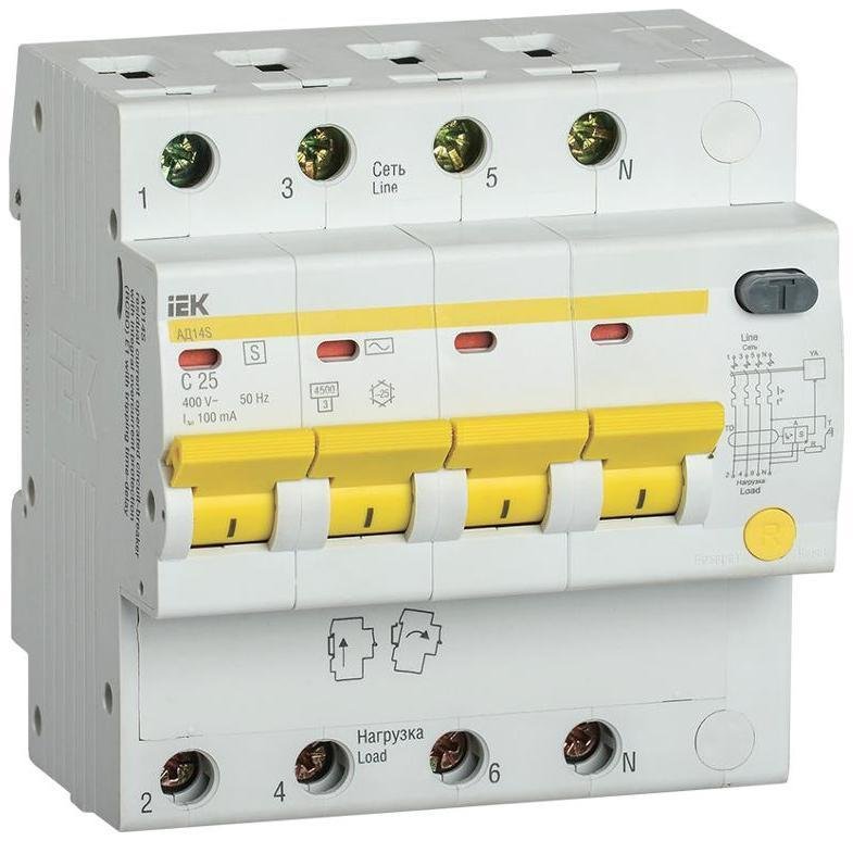 IEK MAD13-4-025-C-100 Выключатель автоматический дифференциального тока АД14S 4п 25А C 100мА тип AC (5 мод) [в упаковке 24, цена за 1 шт]