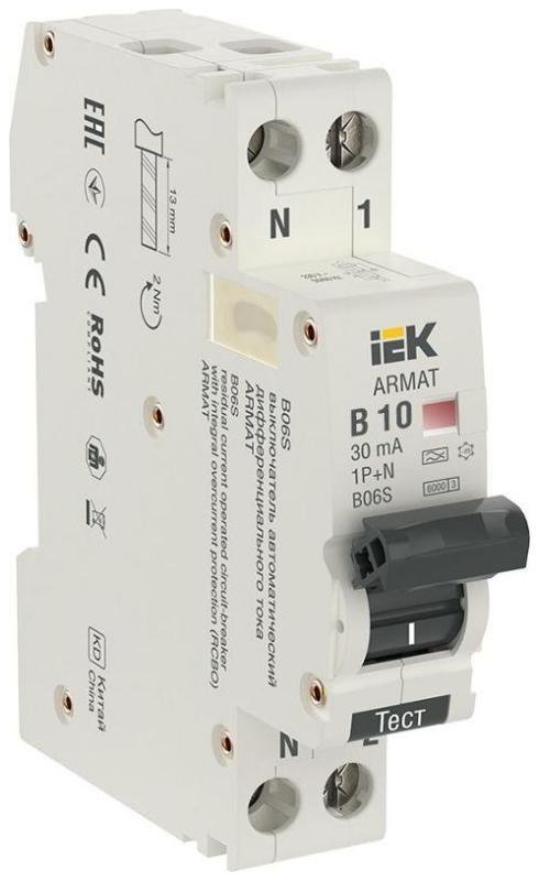 IEK AR-B06S-1N-B10A030 Выключатель автоматический дифференциального тока АВДТ B06S 1P+NP B10 30мА тип A (18мм) ARMAT IEK