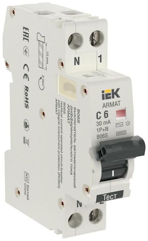 IEK AR-B06S-1N-C06C030 Выключатель автоматический дифференциального тока АВДТ B06S 1P+NP C6 30мА тип AC (18мм) ARMAT IEK