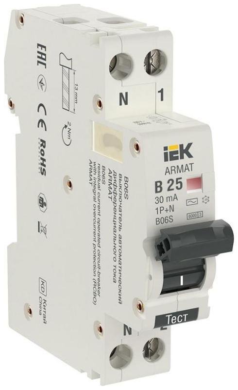 IEK AR-B06S-1N-B25C030 Выключатель автоматический дифференциального тока АВДТ B06S 1P+NP B25 30мА тип AC (18мм) ARMAT IEK