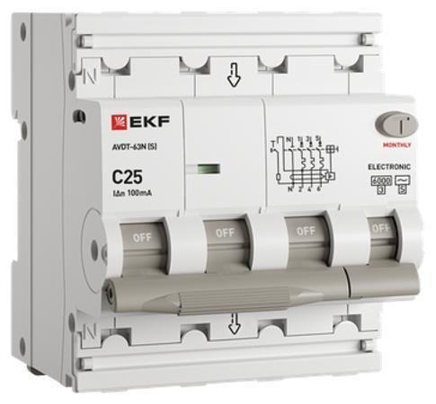 EKF D63N46ES25C100 Выключатель автоматический дифференциального тока селективный АВДТ-63N (S) 3P+N 25А 100мА C тип AC электронный 6кА PROXIMA