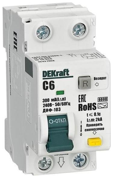 DEKraft 16327DEK Выключатель автоматический дифференциального тока АВДТ 1P+N 6А 300мА AC х-ка C ДИФ-103 6кА [в упаковке 6, цена за 1 шт]