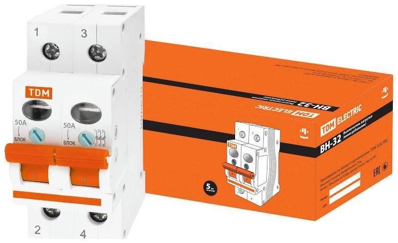 TDM electric SQ0211-0016 Выключатель нагрузки модульный (мини-рубильник) ВН-32 2P 50A [в упаковке 6, цена за 1 шт]