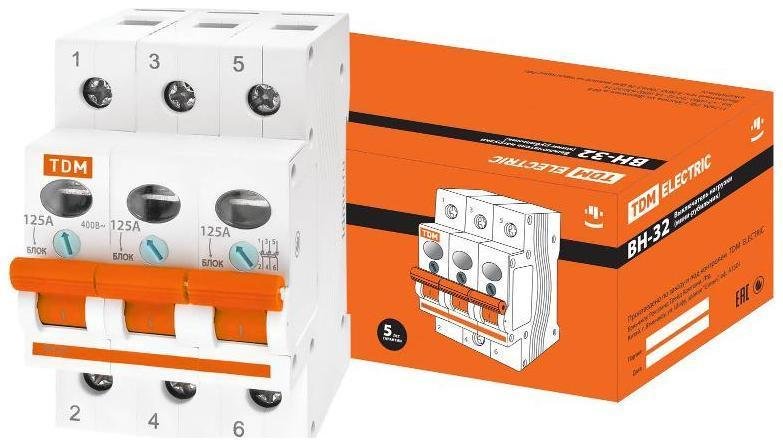 TDM electric SQ0211-0030 Выключатель нагрузки модульный (мини-рубильник) ВН-32 3P 125A [в упаковке 4, цена за 1 шт]