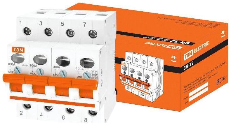 TDM electric SQ0211-0039 Выключатель нагрузки модульный (мини-рубильник) ВН-32 4P 100A [в упаковке 3, цена за 1 шт]