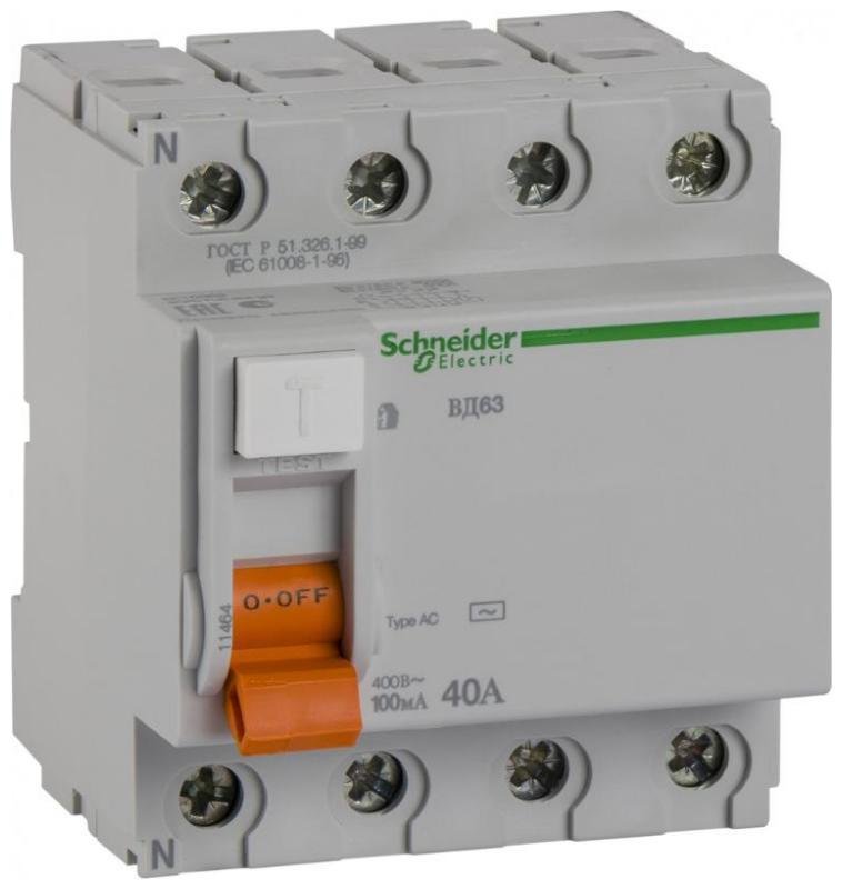 Schneider Electric 11464 Выключатель дифференциальный (УЗО) ВД63 4п 40А 100мА тип AC