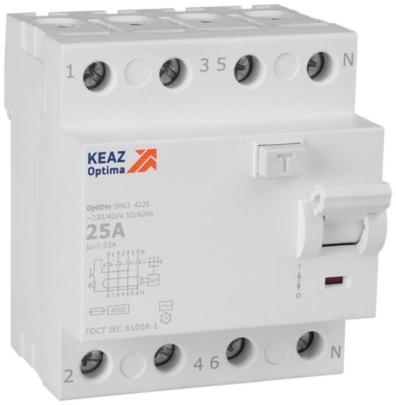 КЭАЗ 343891 Выключатель дифференциального токаOptiDin DM63-4225-AC-4,5-УХЛ4 (4P, 25, 30mA)