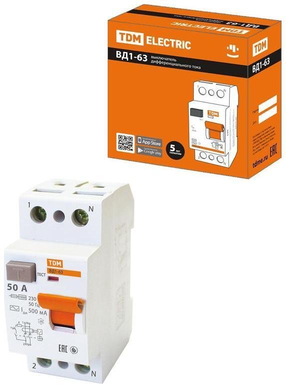TDM electric SQ0203-0094 Выключатель дифференциальный (УЗО) ВД1-63 2Р 50А 500мА (тип АС, электромеханическое)