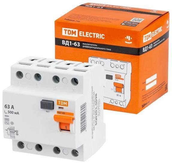 TDM electric SQ0203-0100 Выключатель дифференциальный (УЗО) ВД1-63 4Р 63А 500мА (тип АС, электромеханическое)