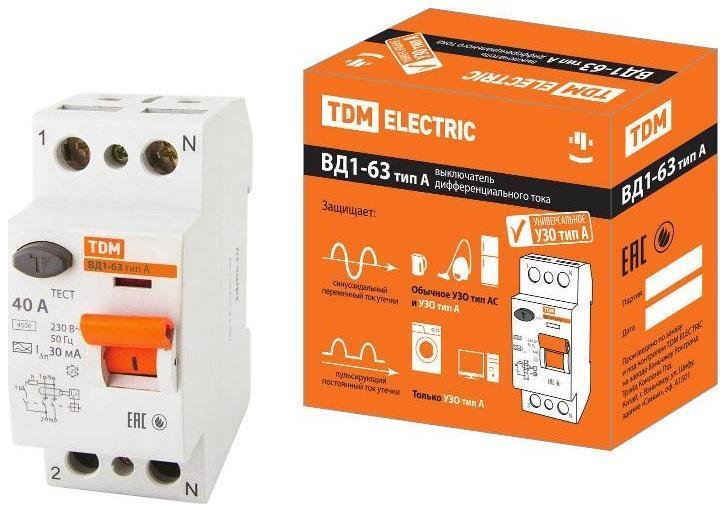TDM electric SQ0203-0078 Выключатель дифференциальный (УЗО) ВД1-63 2п 40А 30мА тип A