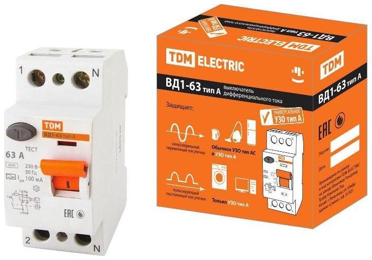 TDM electric SQ0203-0081 Выключатель дифференциальный (УЗО) ВД1-63 2п 63А 100мА тип A