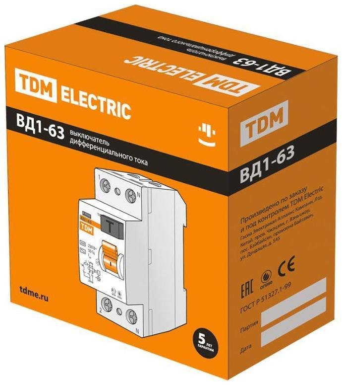 TDM electric SQ0203-0017 Выключатель дифференциальный (УЗО) ВД1-63 2п 63А 100мА тип AC