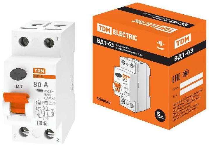 TDM electric SQ0203-0020 Выключатель дифференциальный (УЗО) ВД1-63 2п 80А 100мА тип AC