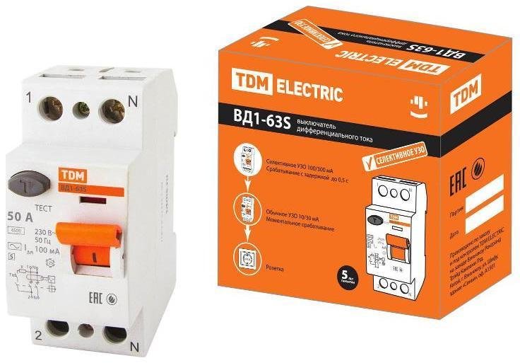 TDM electric SQ0203-0058 Выключатель дифференциальный (УЗО) ВД1-63S 2п 50А 100мА тип AC