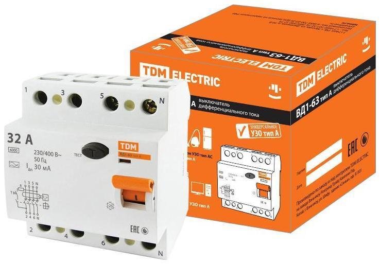 TDM electric SQ0203-0086 Выключатель дифференциальный (УЗО) ВД1-63 4п 32А 30мА тип A