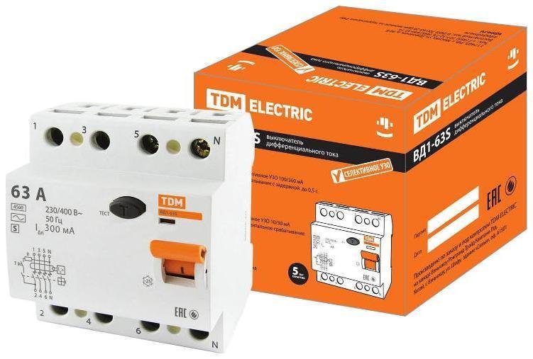 TDM electric SQ0203-0073 Выключатель дифференциальный (УЗО) ВД1-63S 4п 63А 300мА тип AC