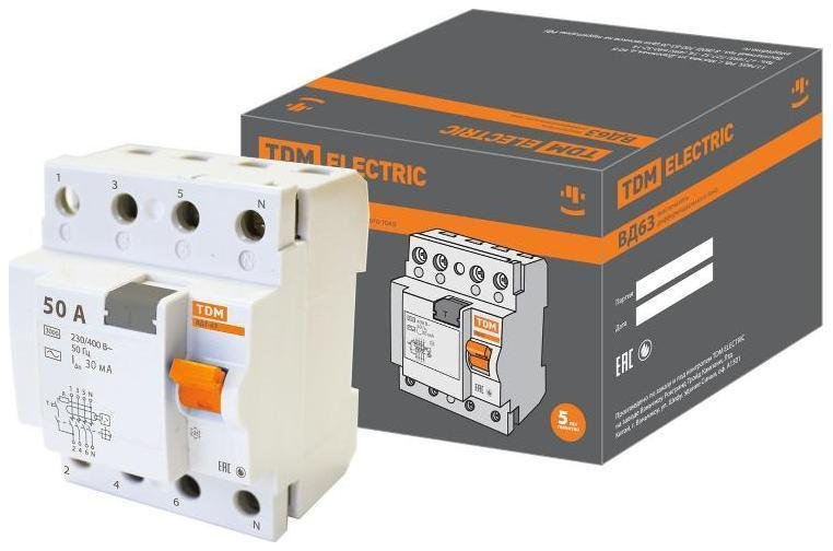 TDM electric SQ0220-0011 Выключатель дифференциальный (УЗО) ВД63 4п 50А 30мА тип AC (электронный)