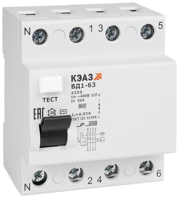 КЭАЗ 222724 Выключатель дифференциальный (УЗО) ВД1-63-4332-АС-УХЛ4 4п 32А 100мА тип AC