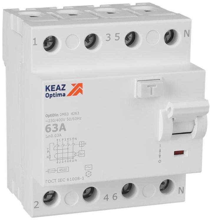 КЭАЗ 343893 Выключатель дифференциального токаOptiDin DM63-4263-AC-4,5-УХЛ4 (4P, 63, 30mA)