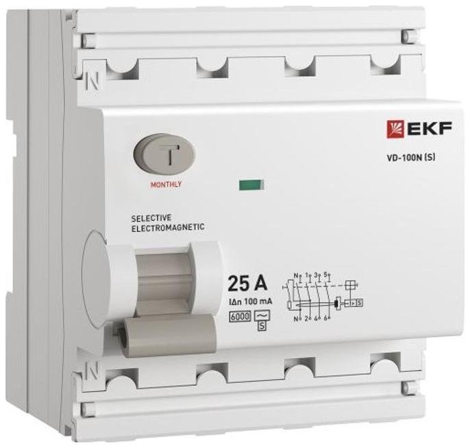 EKF E1046MS25100 Выключатель дифференциального тока ВД-100N (S) 4п 25А 100мА (тип АС, эл-мех) 6кА PROximа