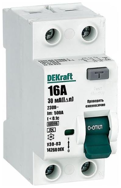 DEKraft 14260DEK Выключатель дифференциальный (УЗО) УЗО-03 2п 16А 30мА тип A 6кА