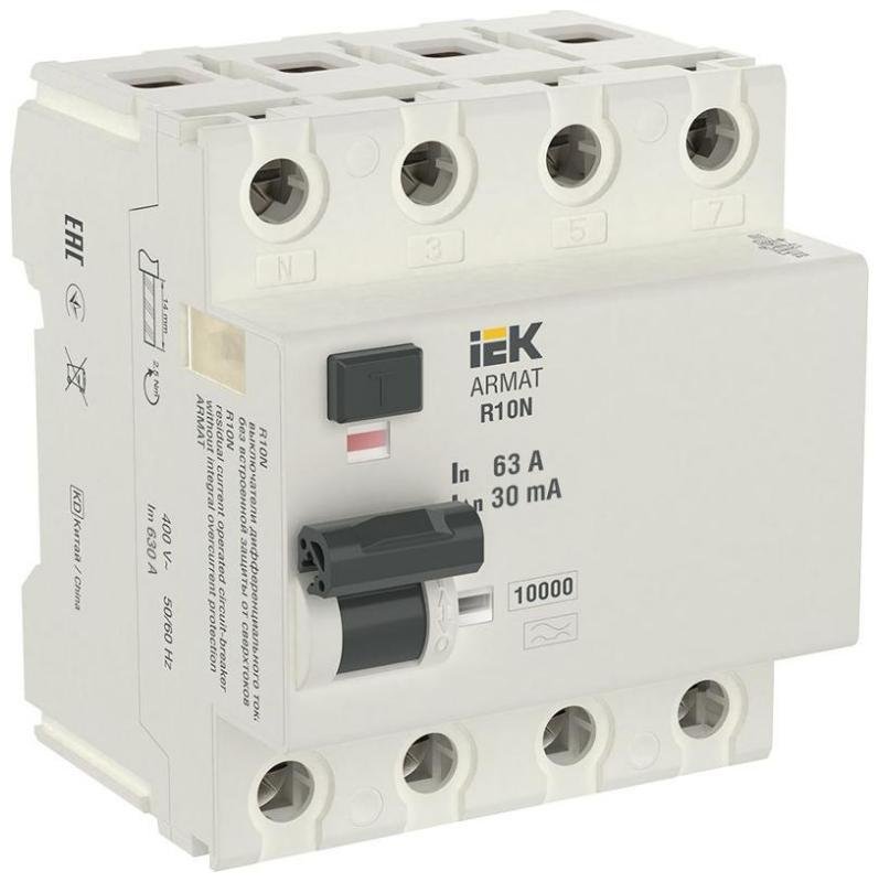 IEK AR-R10N-4-063A030 Выключатель дифференциальный (УЗО) R10N 4P 63А 30мА тип A ARMAT