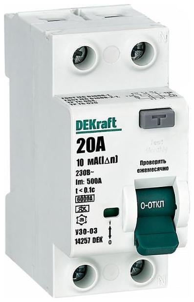 DEKraft 14257DEK Выключатель дифференциальный (УЗО) УЗО-03 2п 20А 10мА тип A 6кА
