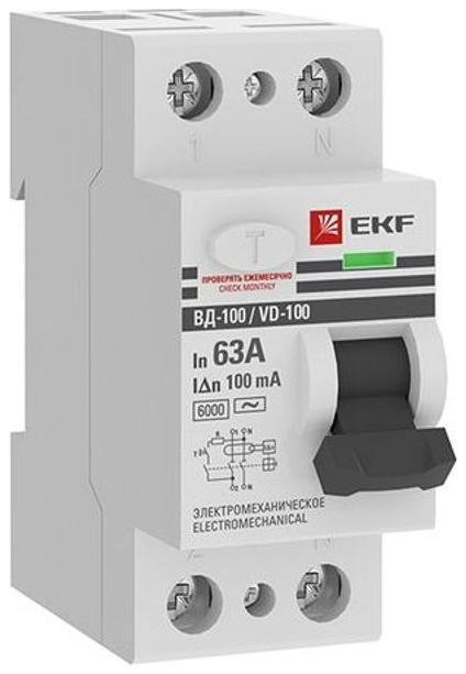 EKF elcb-2-6-63-100-em-pro Выключатель дифференциальный (УЗО) ВД-100 2п 63А 100мА (тип АС, эл-мех) 6кА PROximа