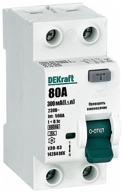 DEKraft 14284DEK Выключатель дифференциальный (УЗО) УЗО-03 2п 80А 300мА тип A 6кА