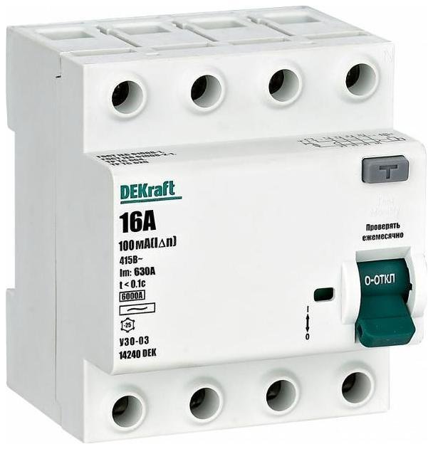 DEKraft 14240DEK Выключатель дифференциальный (УЗО) УЗО-03 4п 16А 100мА тип AC 6кА