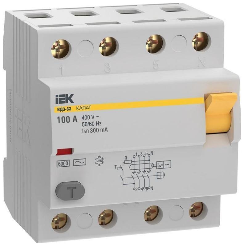 IEK MDV20-4-100-300 Выключатель дифференциальный (УЗО) ВД3-63 4P 100А 300мА 6кА тип АС KARAT