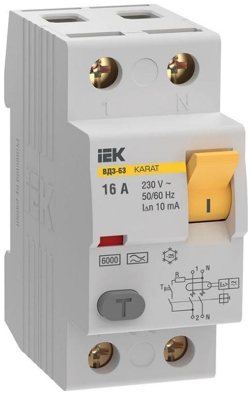 IEK MDV21-2-016-010 Выключатель дифференциальный (УЗО) ВД3-63 2P 16А 10мА 6кА тип А KARAT [в упаковке 48, цена за 1 шт]